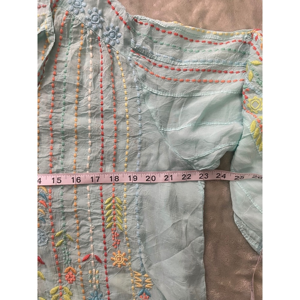 Johnny Was Embroidered Tunic Top Blue Size L V Neck Tie Neck - Picture 6 of 8